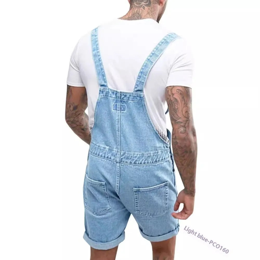 Men's medium elastic denim suspender pants in straight leg cut with detachable suspenders