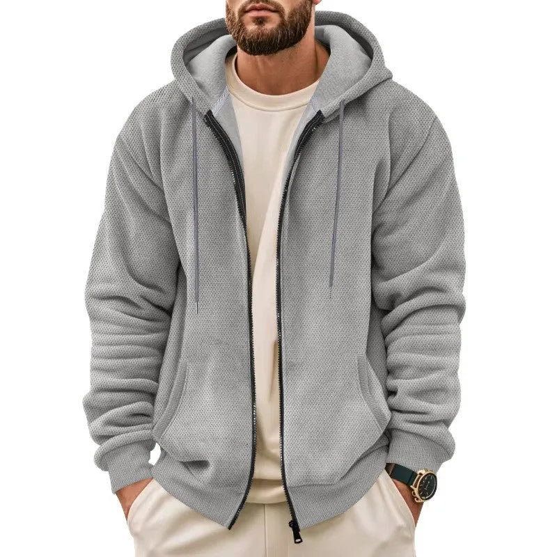 Men's fashion casual zippered hooded sweatshirt in gray, thickened fleece lining, full-zip cardigan style