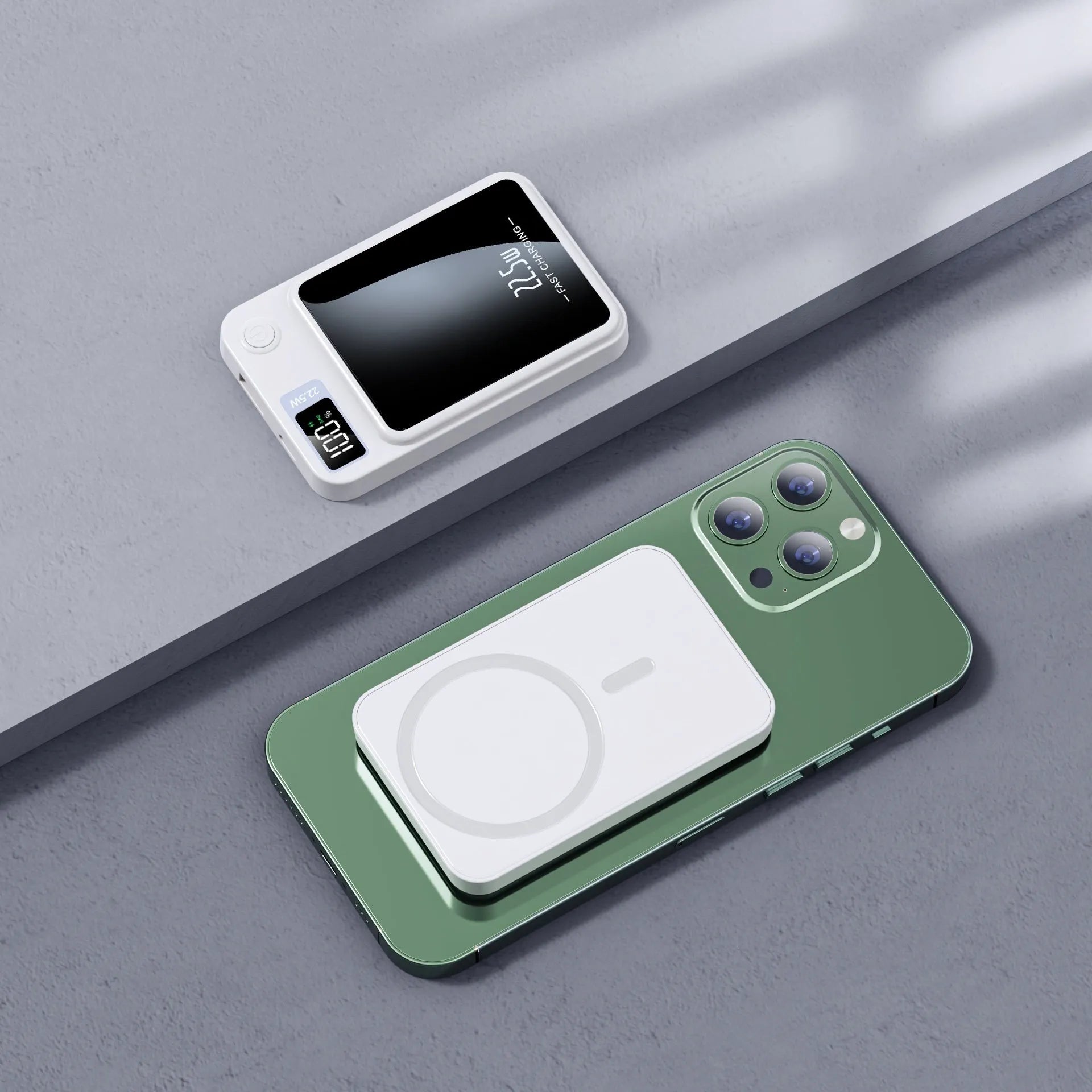Wireless MagSafe power bank in black, white, purple, or green with industrial plastic shell