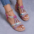 Women's bohemian wedge peep toe sandals elastic slip-on low top in sky blue