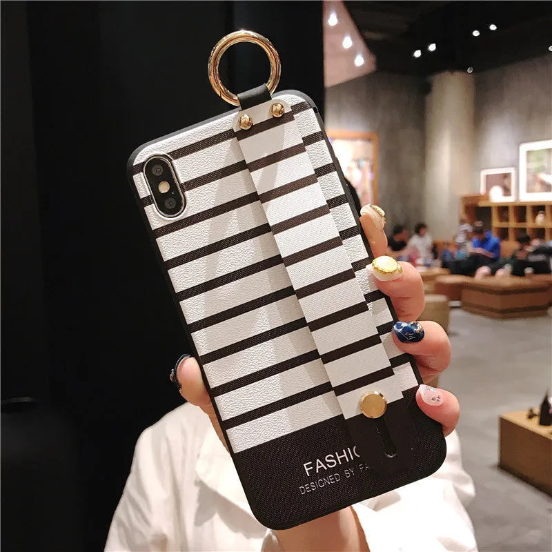 Wrist strap bracket phone case for iPhone 12 with ethnic black and white stripes TPU back cover