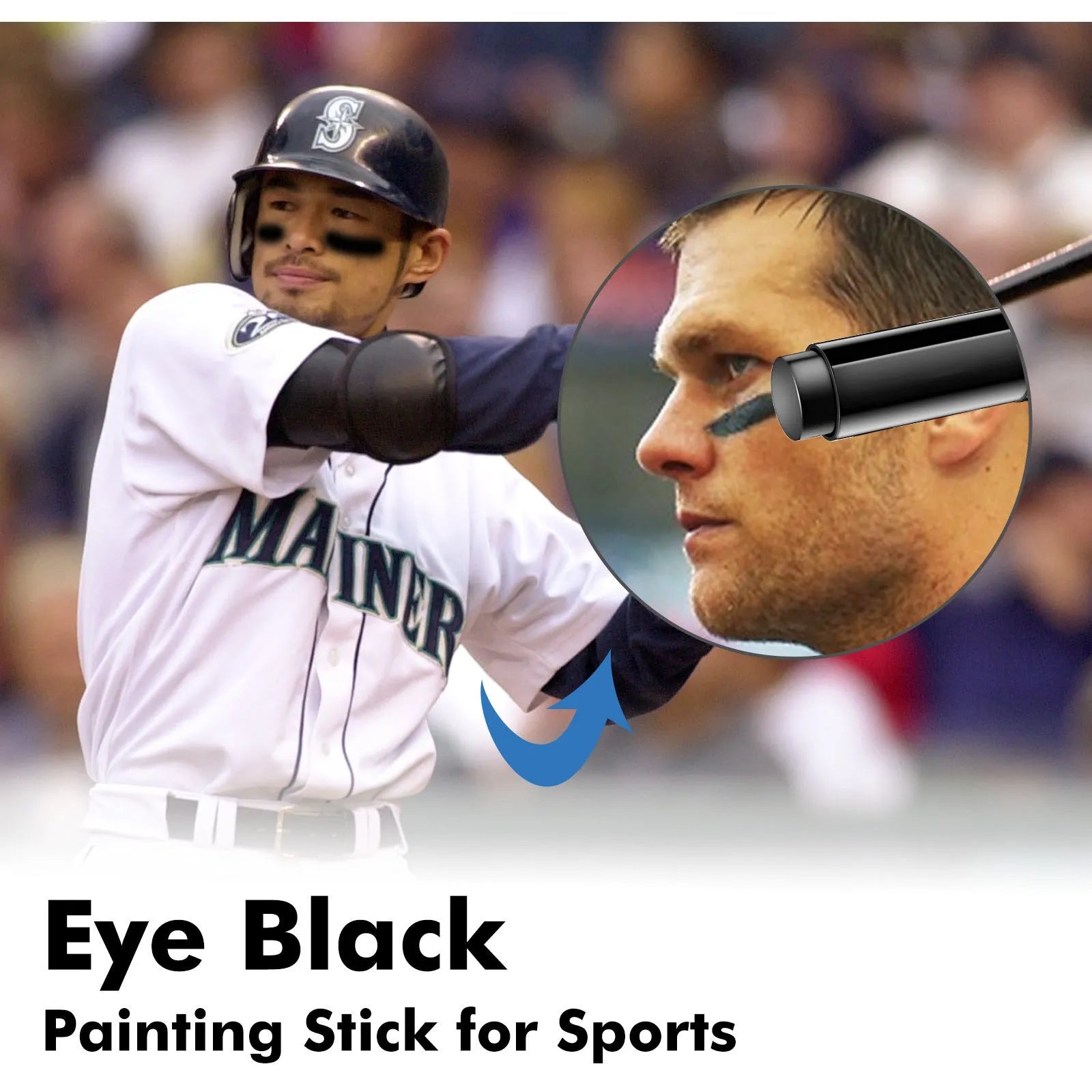 Sports eye black paint stick in black finish with 15g net content for athletic glare reduction.