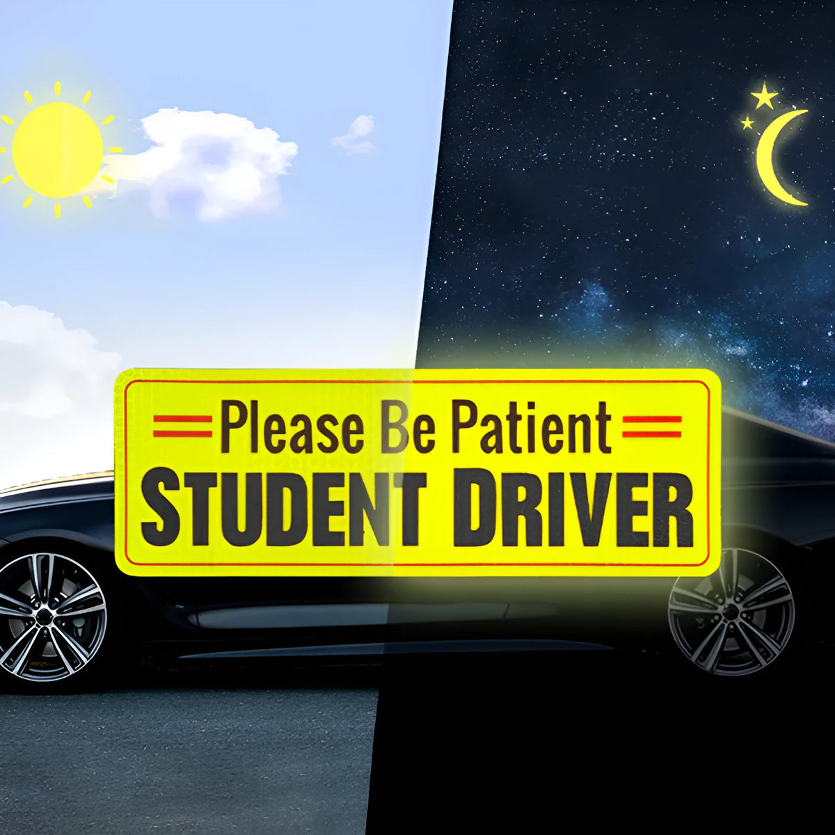 Personalised reflective novice driver bumper sticker, acrylic, 22.5 x 8.5 cm, on a car rear bumper
