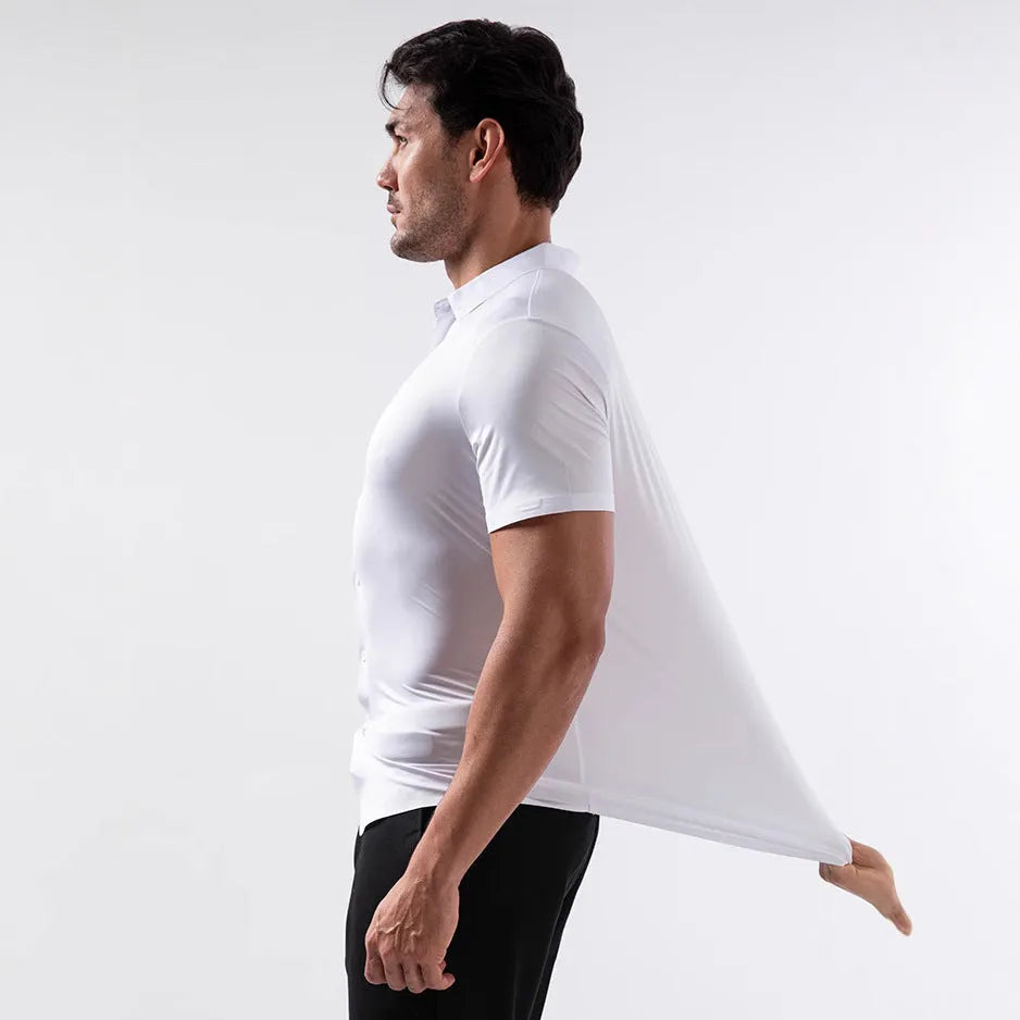 Men's short sleeve elastic spandex shirt in cardigan style, non-ironing, shown in multiple colours.