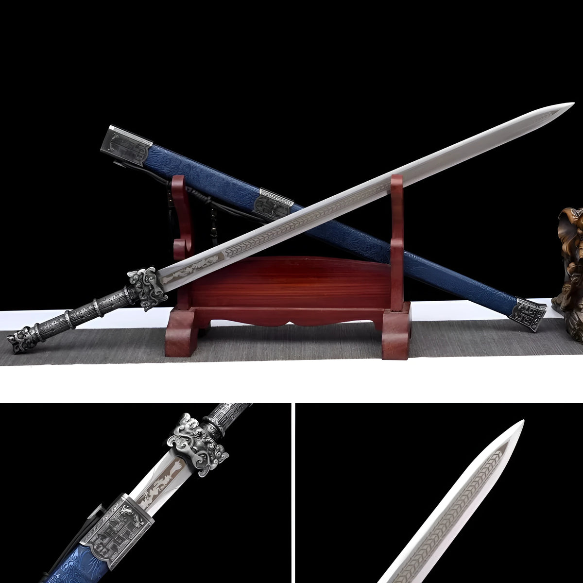 Ancient Tang-style unsharpened sword with high manganese steel blade and solid wood scabbard with leather covering