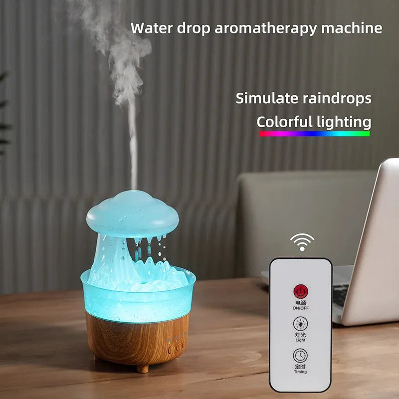 Wood grain cloud humidifier with LED lights and water drop rain sounds