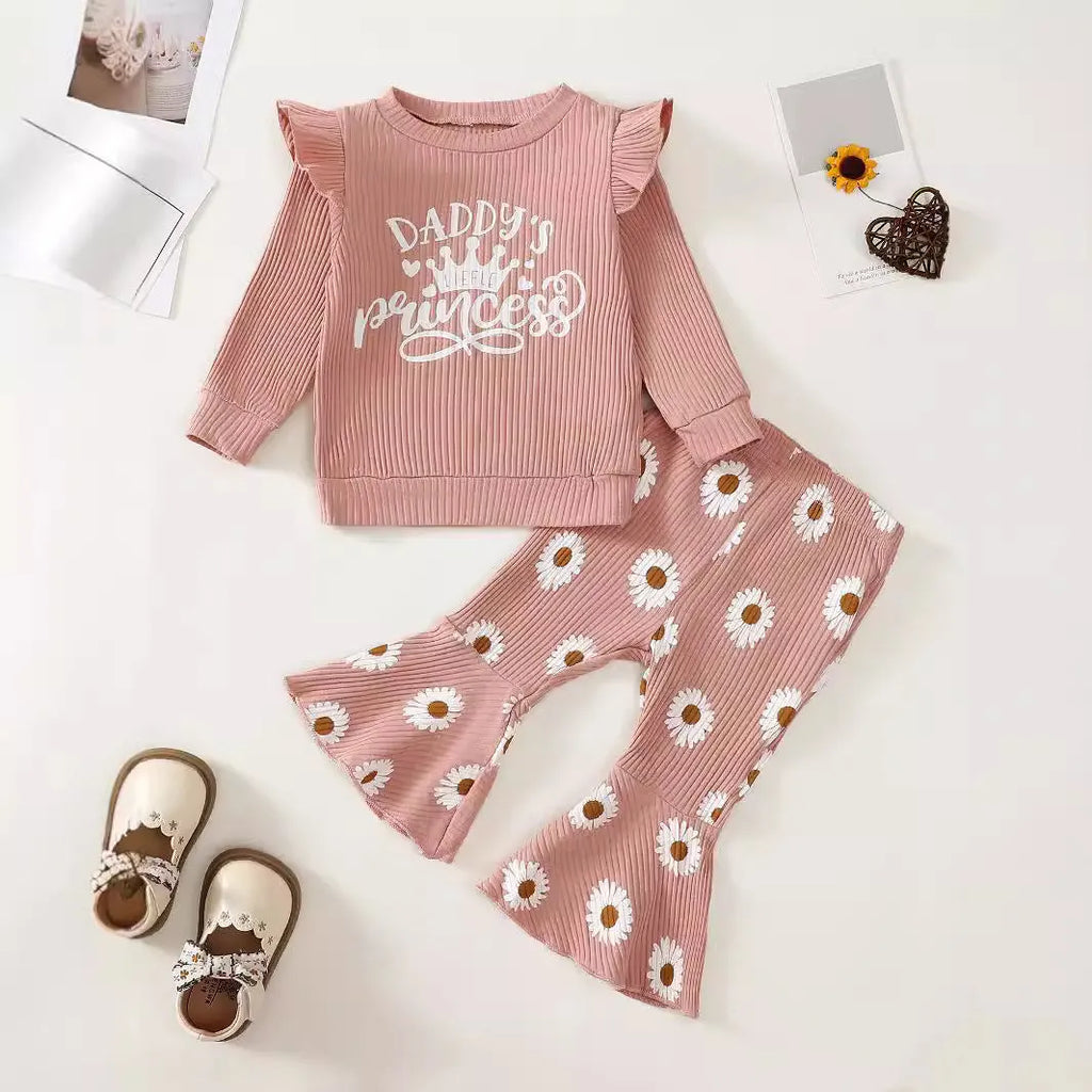 Baby girl cotton long sleeve sunken stripe top and flower print trousers two-piece set in pink