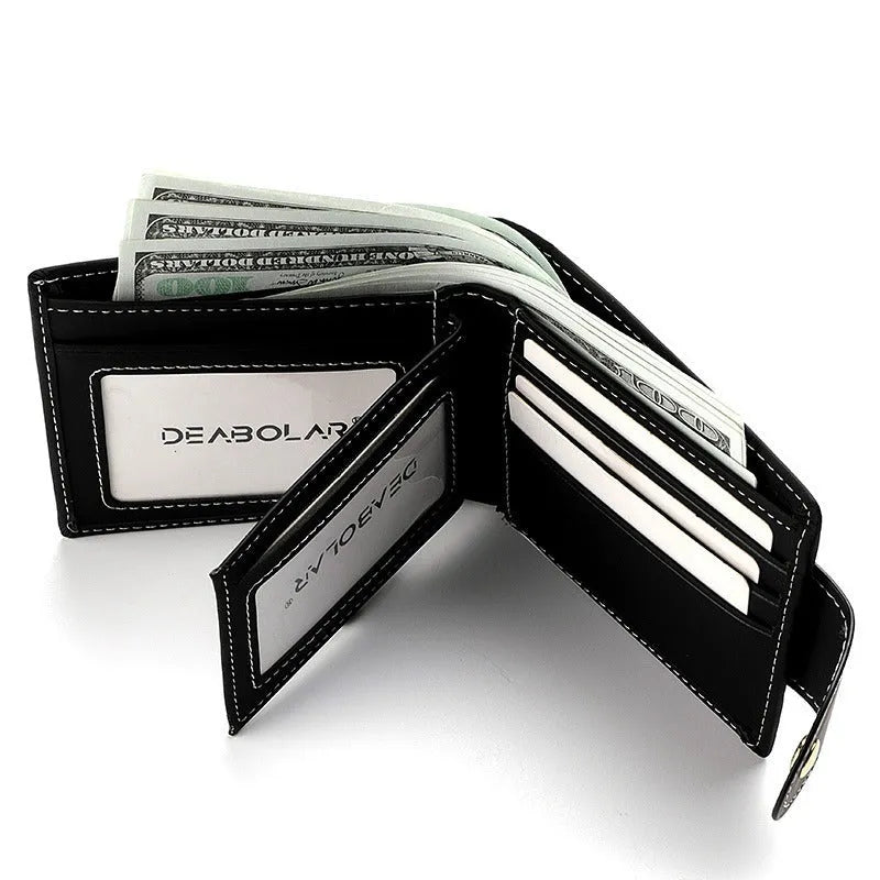 Black men's wallet with animal pattern, zipper closure, and multiple card slots made from PU leather