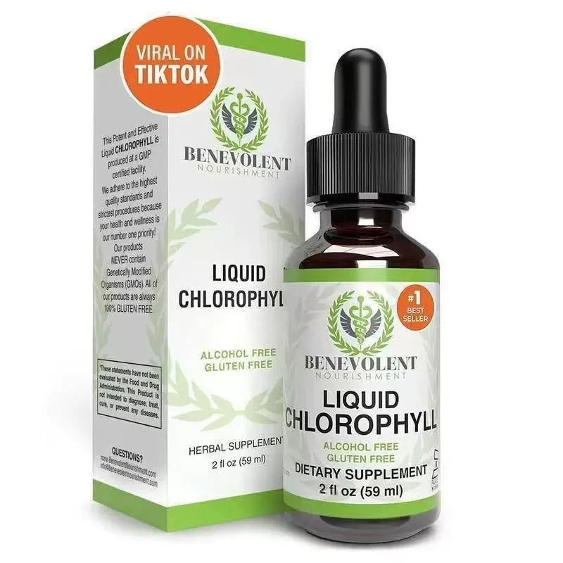 60ml bottle of liquid chlorophyll drops for body odour control and intestinal care