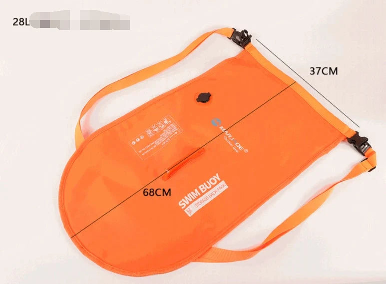 Double Airbag Swimming Buoy with detachable shoulder strap and waterproof backpack in fluorescent orange