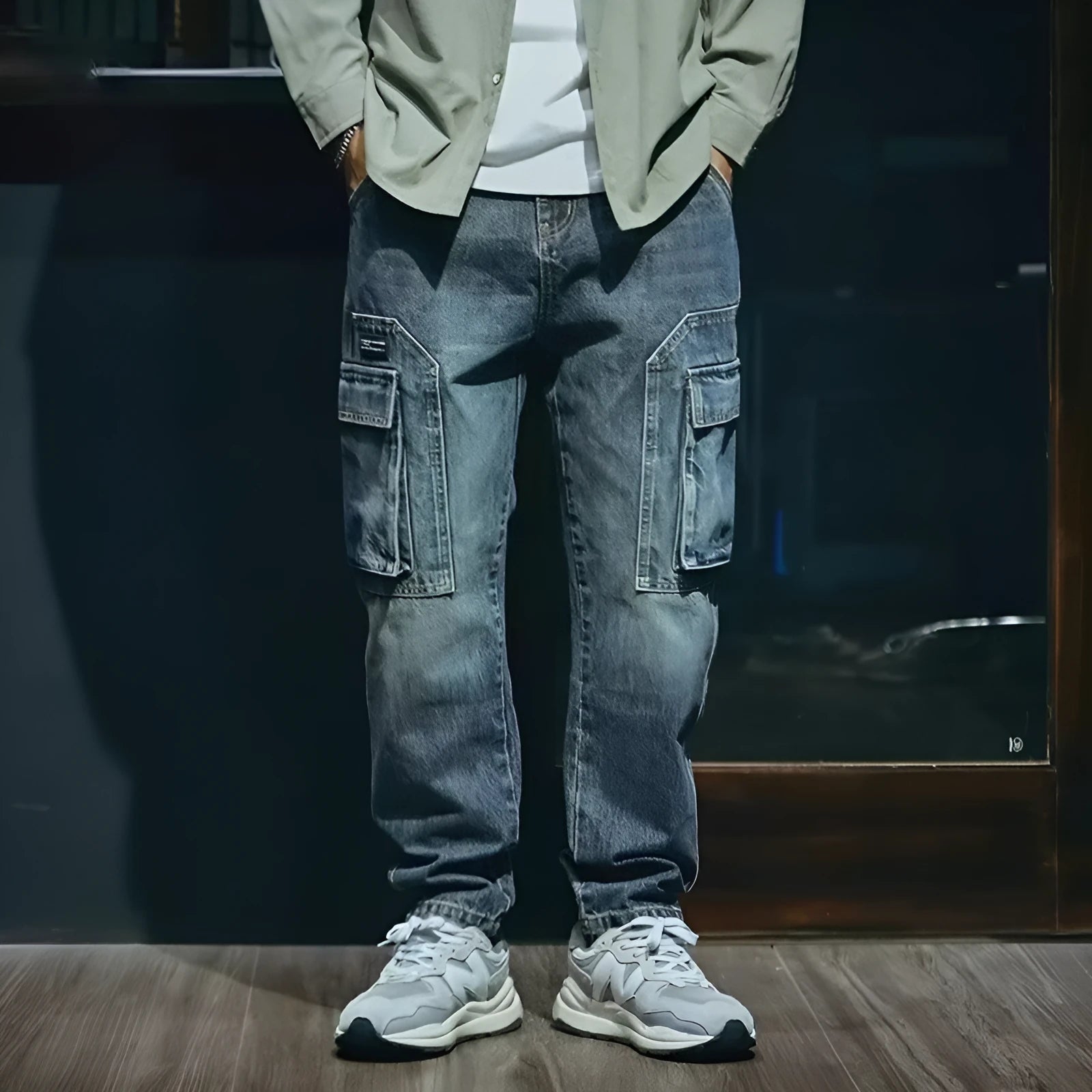 Men's blue loose straight leg jeans with a zip fly on a plain background.