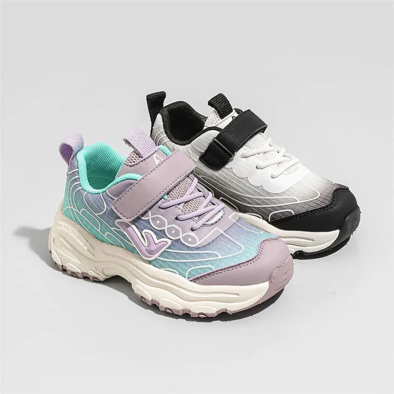 Children's black and purple striped dad shoes with lace-up front and rubber sole.