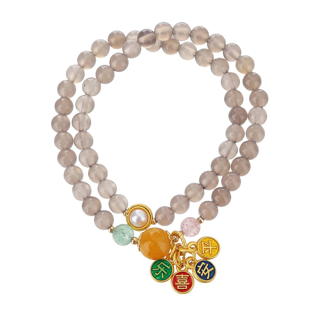 Women's handmade gray agate bracelet with a two-circle safe and happy retro design.