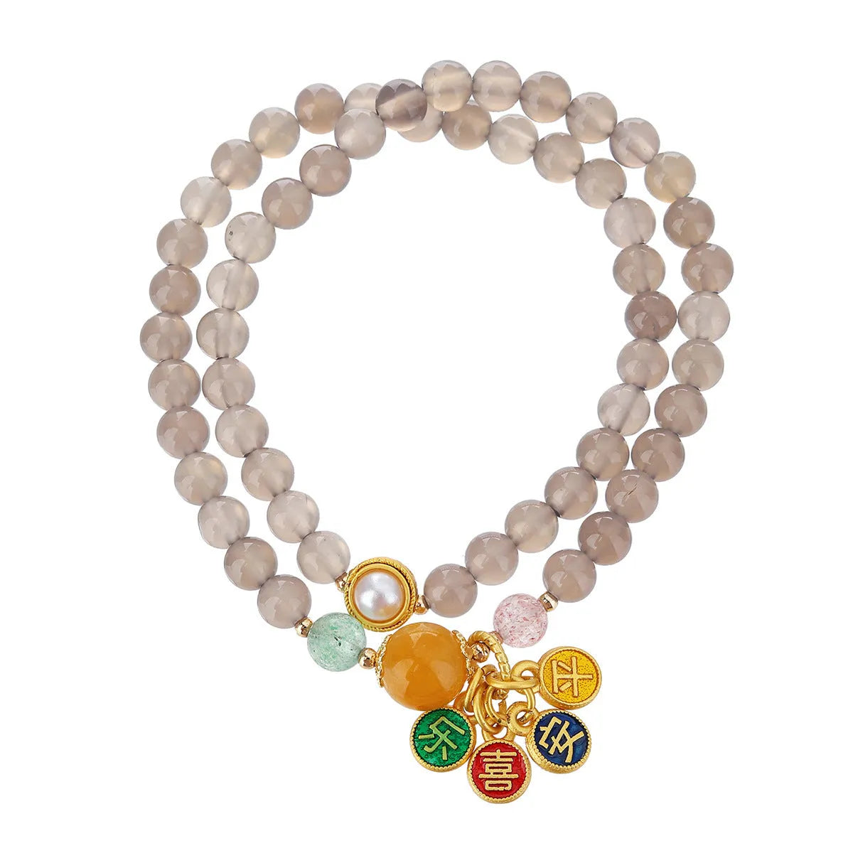 Women's handmade gray agate bracelet with a two-circle safe and happy retro design.