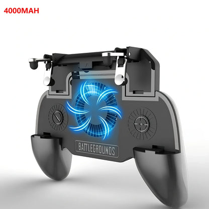 Black 5-in-1 mobile gaming controller with fan, 2000mAh powerbank, wireless clamp for phones 10-16.5cm