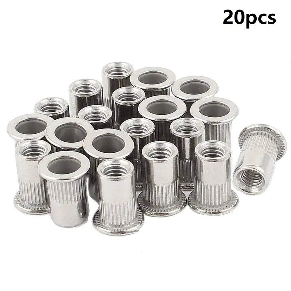 304 stainless steel flat head threaded rivet nut kit with 5/16-18 UNC thread, 0.4in body diameter, 1.5cm head, and 0.75in length