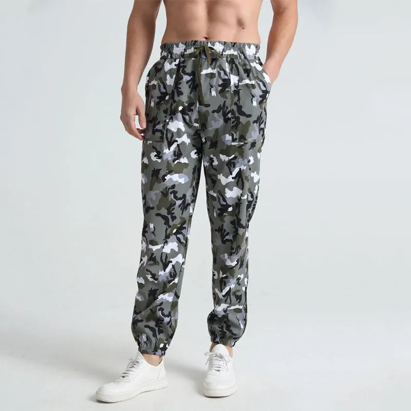 Men's sports casual camouflage trousers in army green pattern, full length, polyester fabric