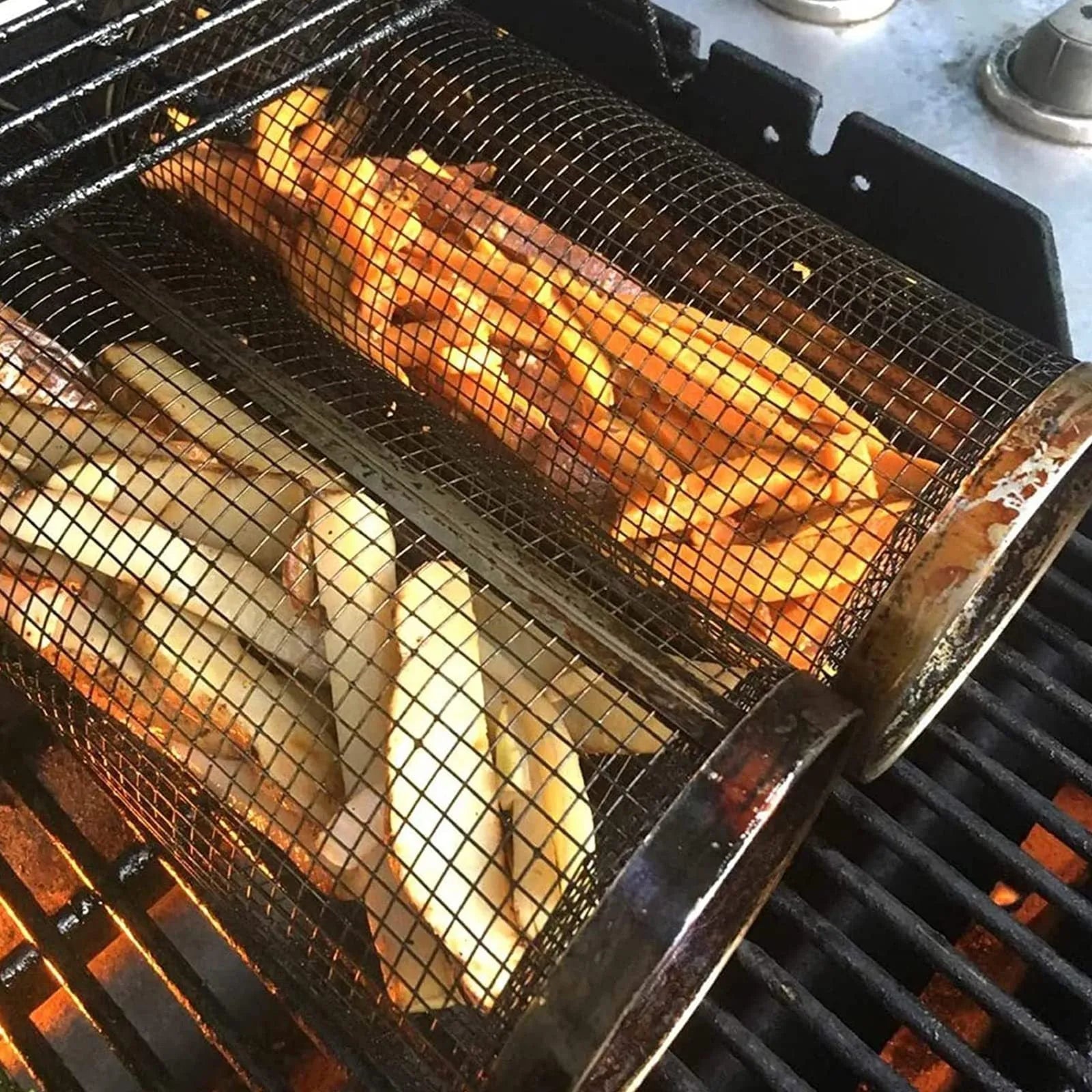 Iron wire rolling BBQ grilling basket with cylindrical mesh for vegetables and meatballs in two size options.