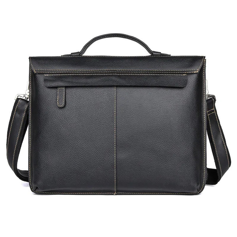 Men's retro brown leather business briefcase with adjustable shoulder strap, 38cm length, holds a 15.6-inch laptop.
