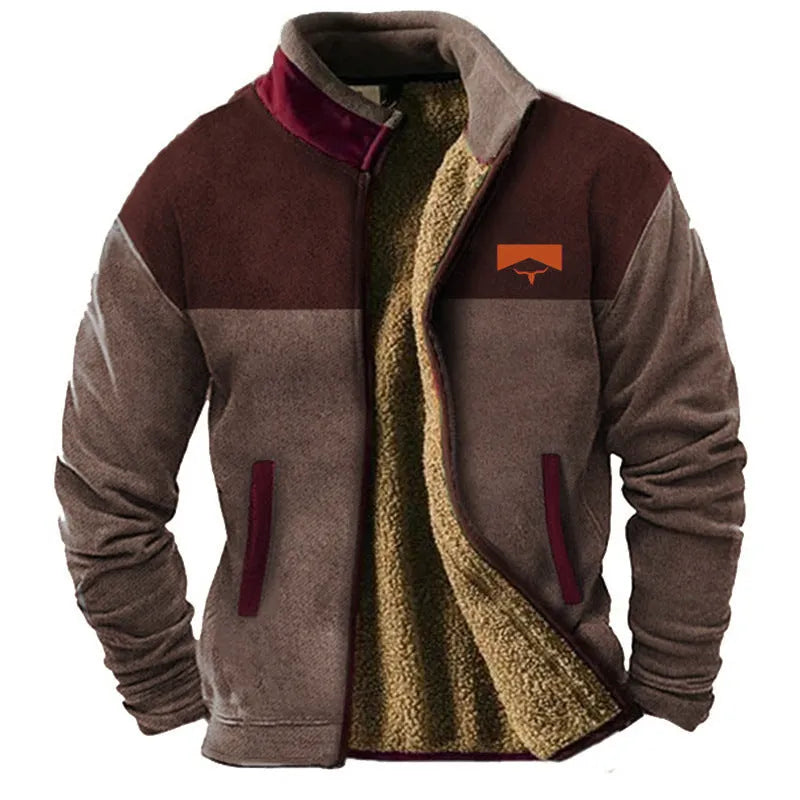 Men's green polyester padded coat on a hanger, showing regular fit and fleece texture.