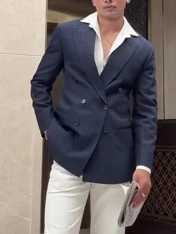Men's classic stripe double-breasted blazer with regular fit on mannequin