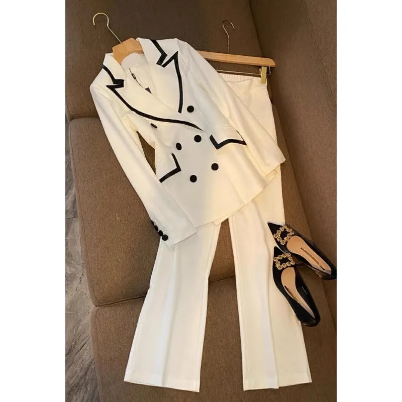 Women's white two-piece suit set with top and pants, polyester fabric, conventional sleeves, available sizes S to 3XL