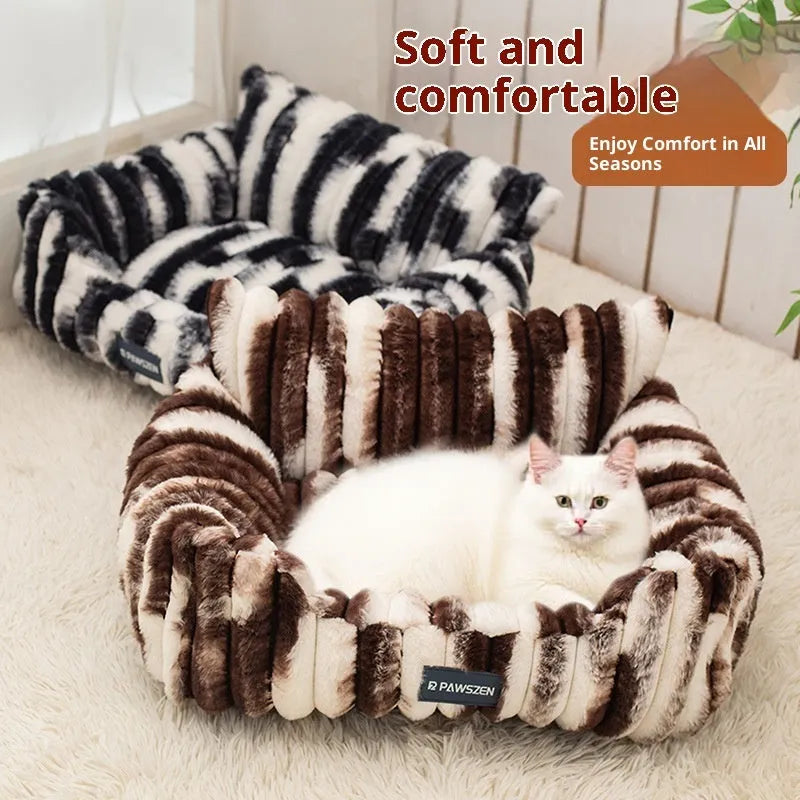 Large plush pet sofa bed for cats in brown with pattern drawing, size 75x55x25 cm