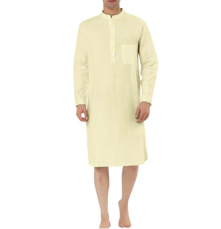 Men's simple cotton shirt robe with a front pocket, shown in a choice of colours