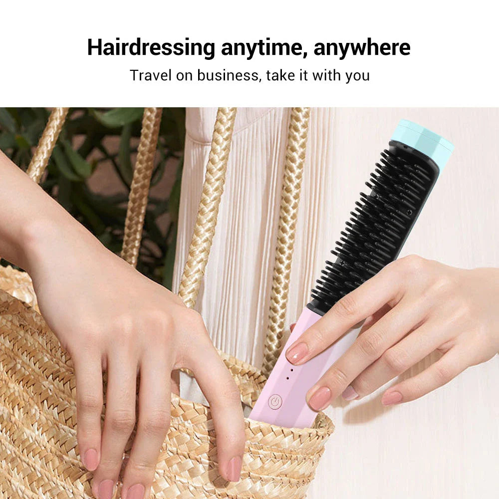 Cordless hair straightening brush with 360-degree anti-scald design, rapid 30-second heating, and long-lasting 40-minute battery life
