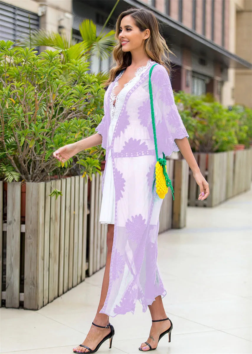 Light purple beach dress with lace embroidery detail, cardigan blouse style swim cover-up