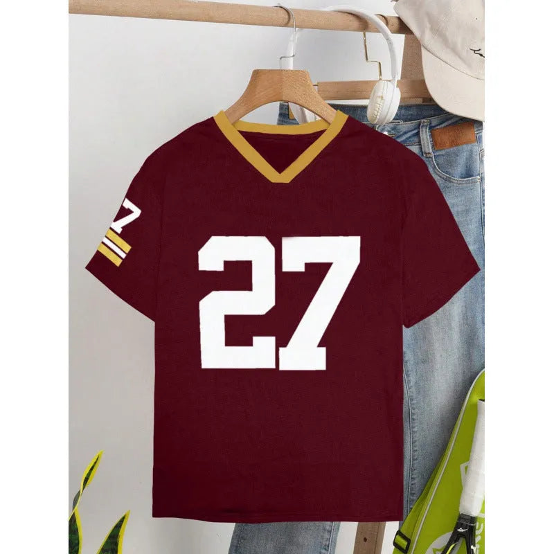 Cotton casual t-shirt with digital letter printing in red or green colour, loose fit short sleeve design