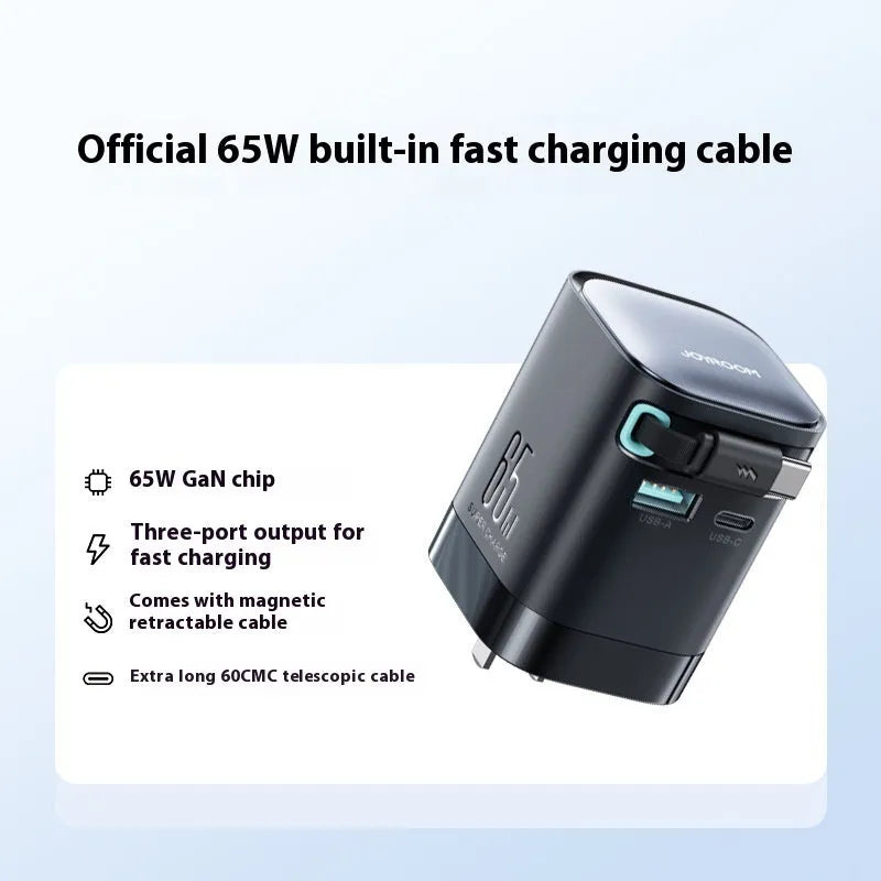 65W black telescopic Type-C PD fast charger with retracted cable, suitable for CN and EU models
