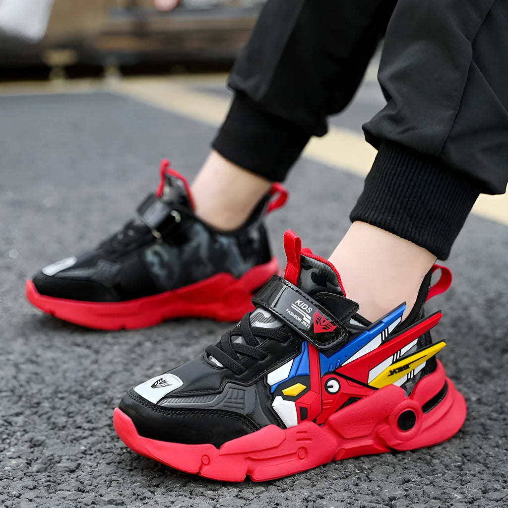 Children's Velcro running shoes in yellow, black red, and lake blue colours with cartoon pattern