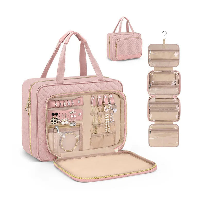 Pink waterproof hanging cosmetic bag with dimensions 30.5cm wide by 22.9cm tall