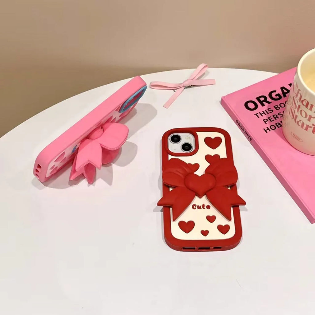 Pink 3D bracket bow heart silicone phone case for iPhone with hidden holder on the back