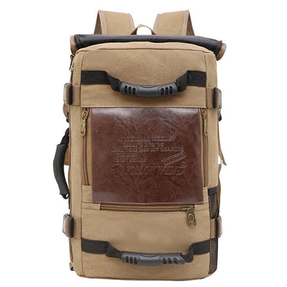 Men's canvas backpack with multiple pockets for travel and school