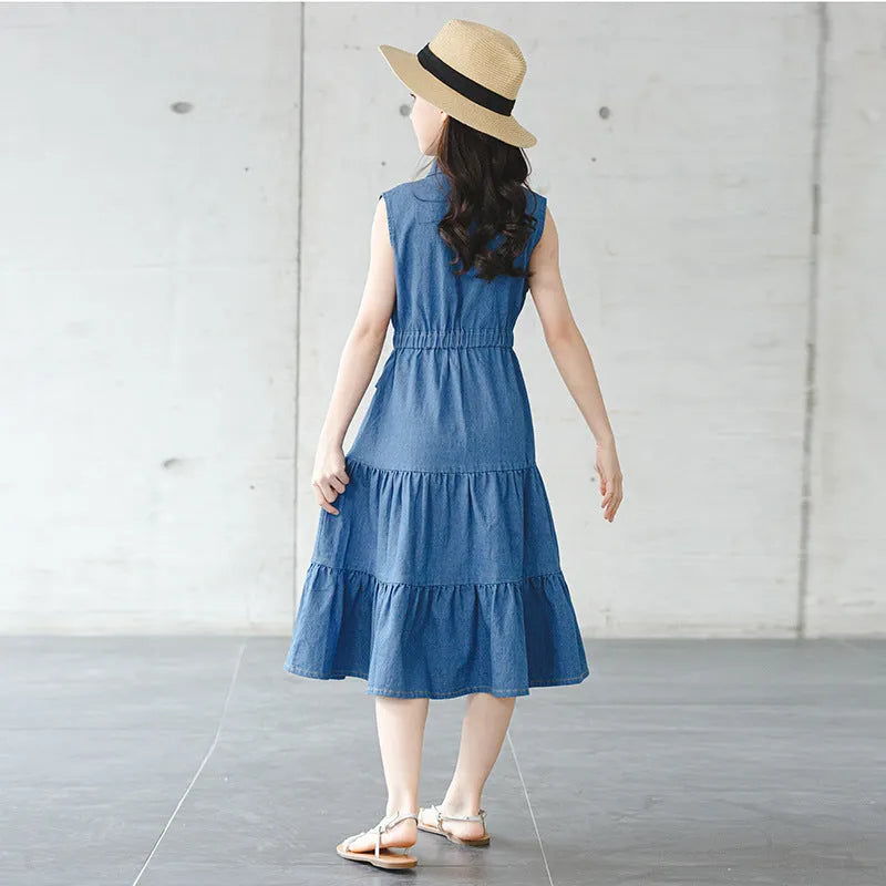 Blue denim blouse collar vest dress for girls on a white background