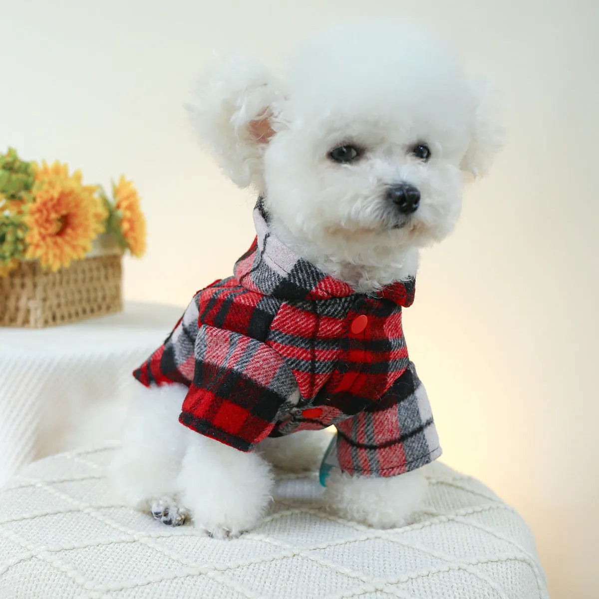 Red plaid polyester trench coat for a dog, shown in size M with 40 cm chest.
