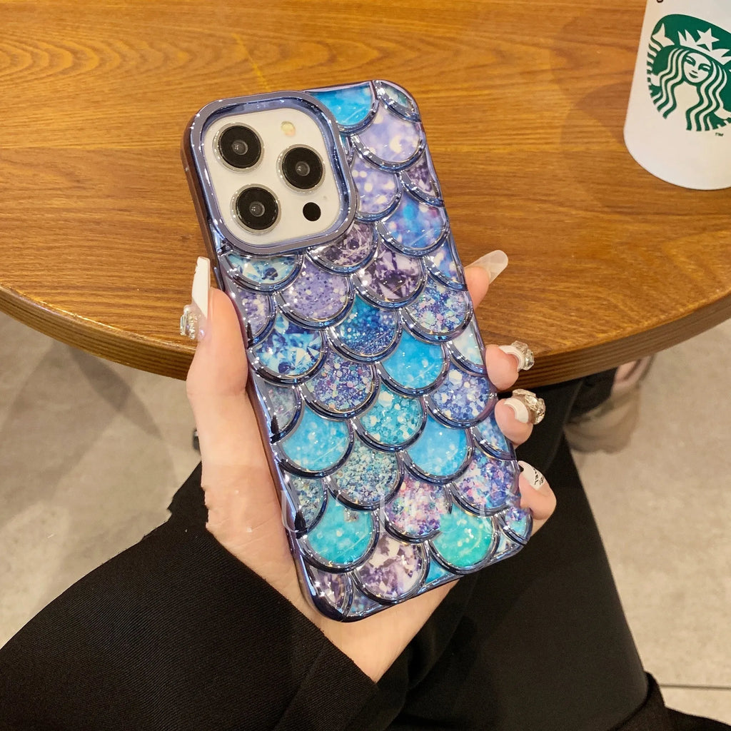 Mermaid scale TPU phone case for iPhone 11-15 series in electroplated gold with three-dimensional texture