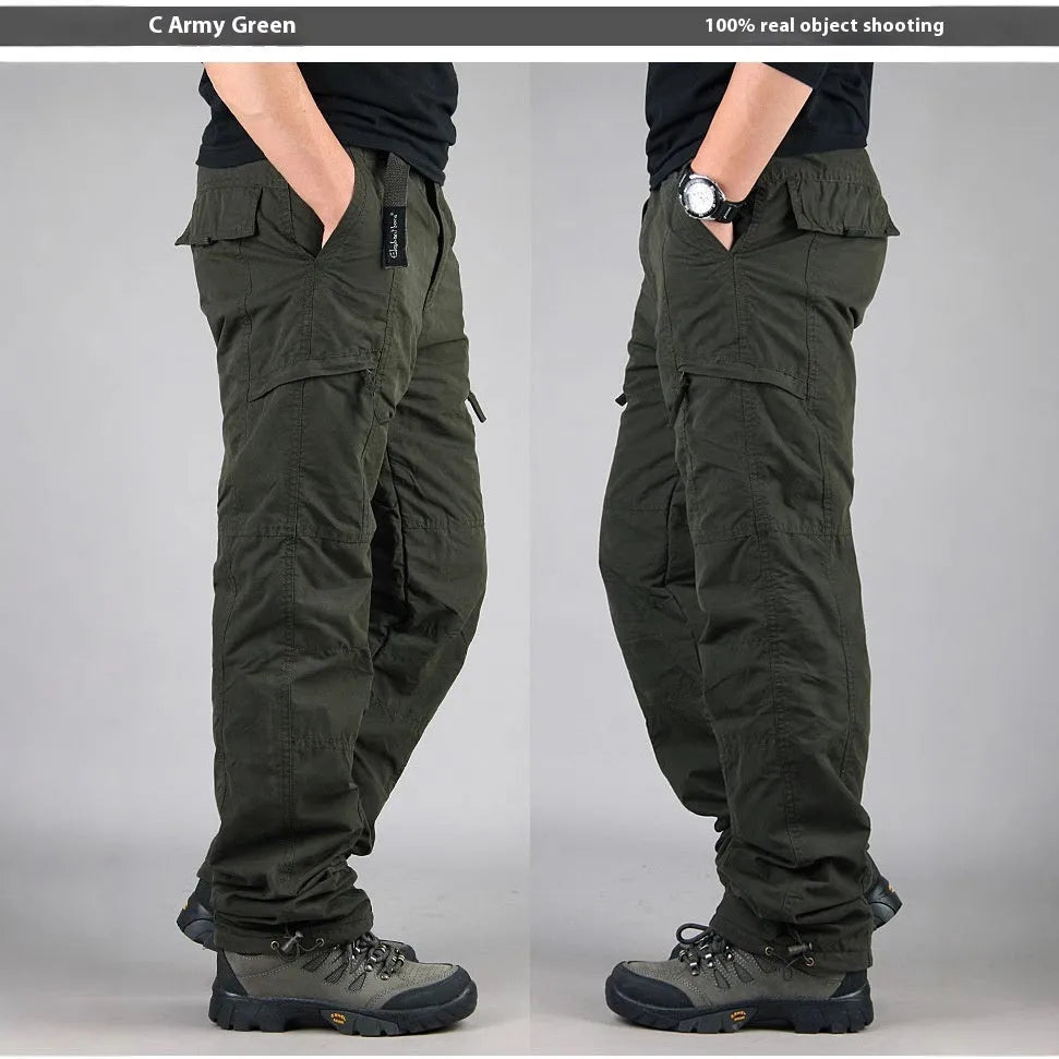 Men's stone-washed cotton overalls with velvet lining in khaki, black, and army green colour options