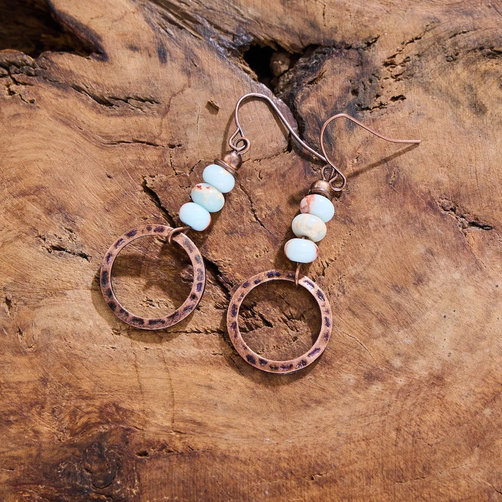 Hammered turquoise beaded pendant earrings retro geometric style zinc alloy electroplated picture colour women's fashion