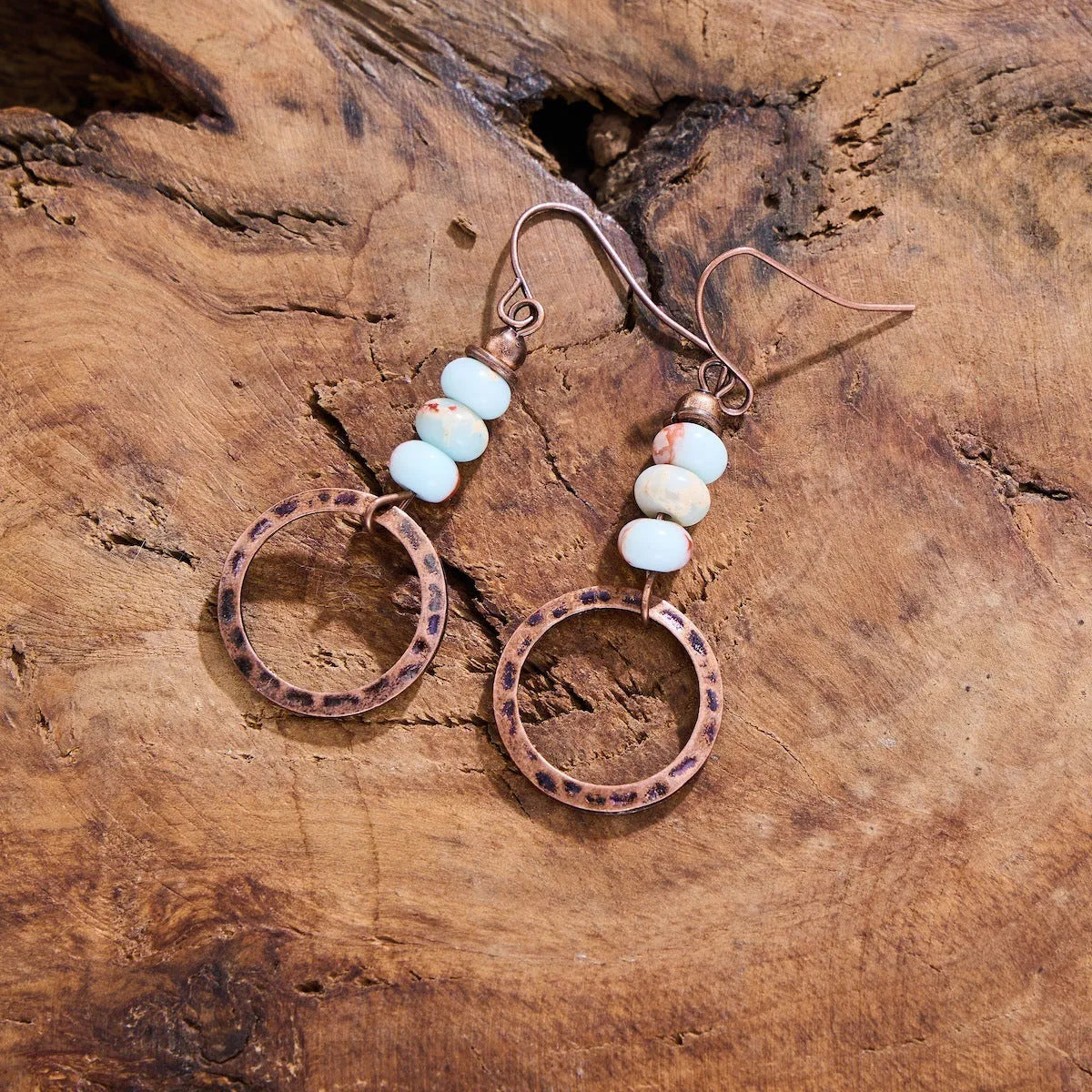 Hammered turquoise beaded pendant earrings retro geometric style zinc alloy electroplated picture colour women's fashion