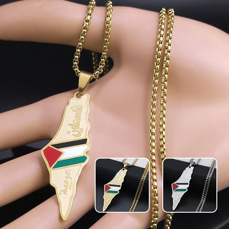 Stainless Steel Palestine Israel Map Pendant Necklace in gold and silver finishes