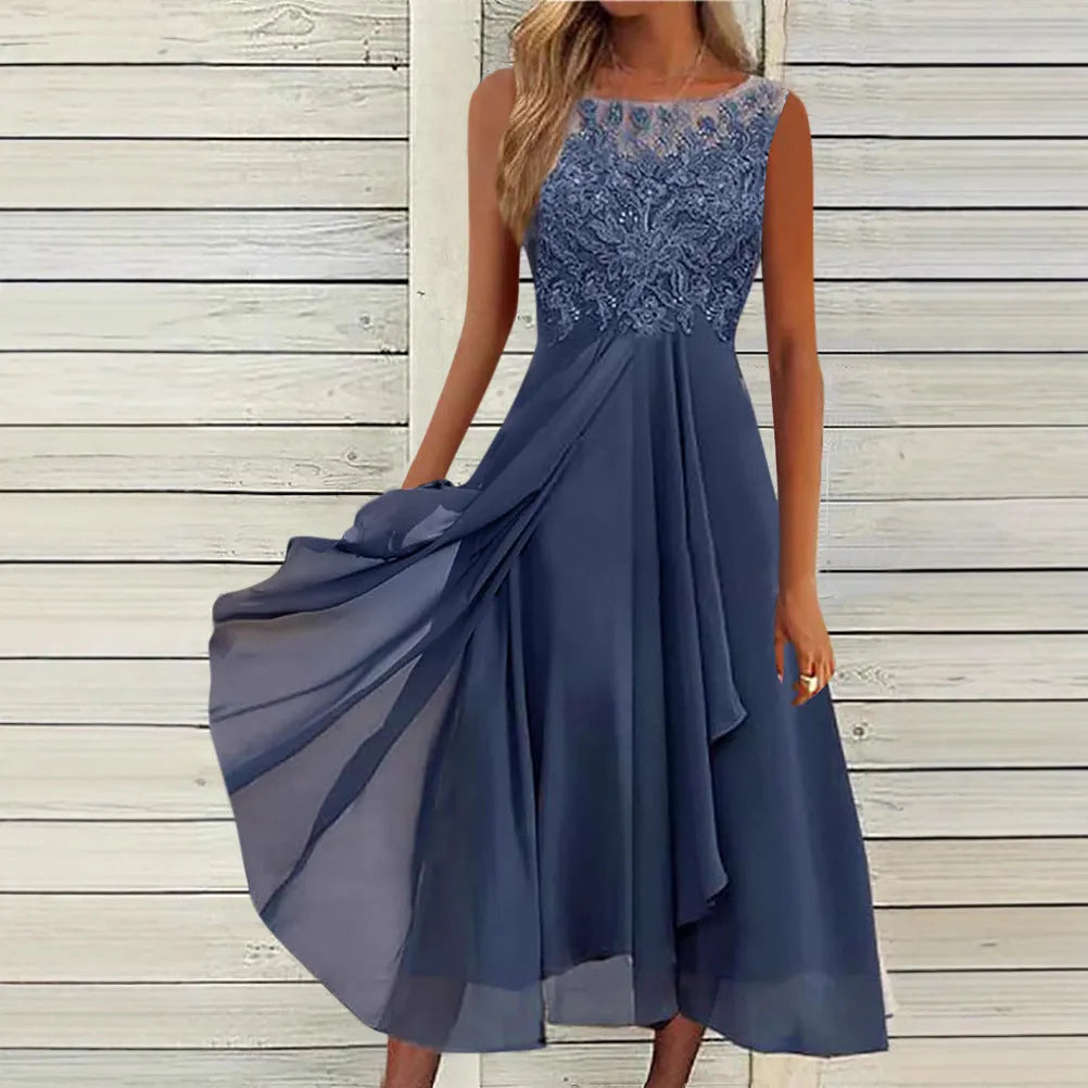 Women's sleeveless green chiffon dress with lace hollow-out stitching detail, midi length.