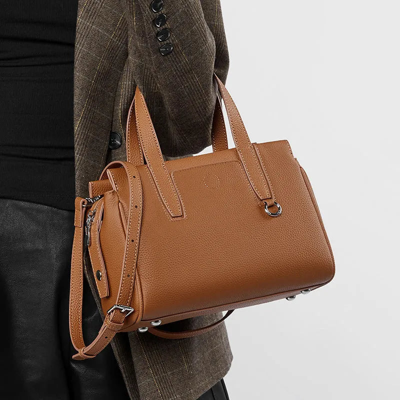 Genuine cowhide leather crossbody bag in horizontal square design with single shoulder strap