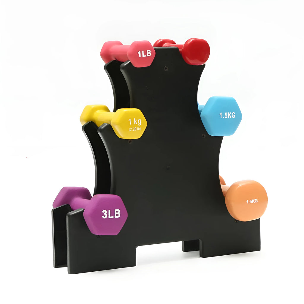 PVC freestanding dumbbell rack bracket holding multiple weights on a gym floor.