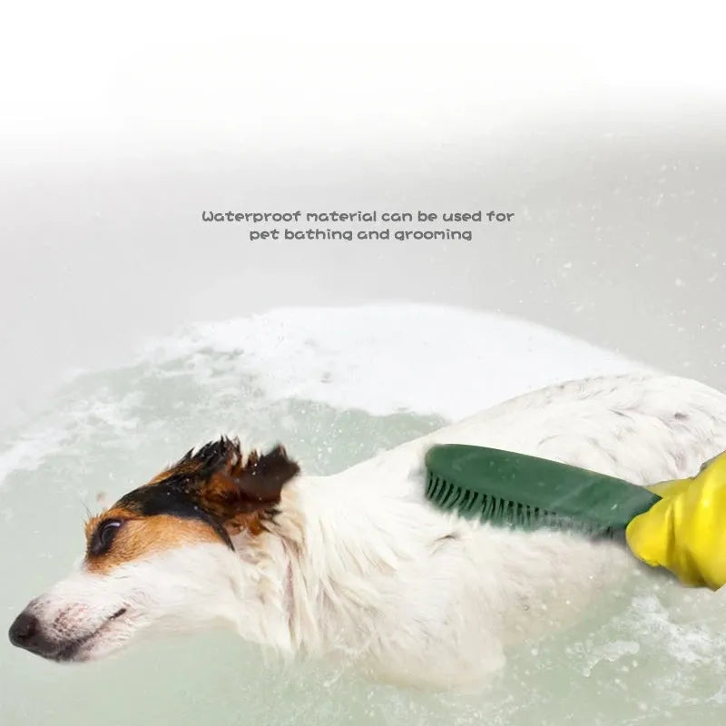 Green dog brush with grooming comb, massage pins, and removable sticky roller for pet hair removal