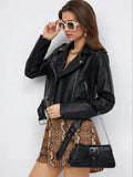 Black women's retro-style imitation leather locomotive jacket with regular sleeves.