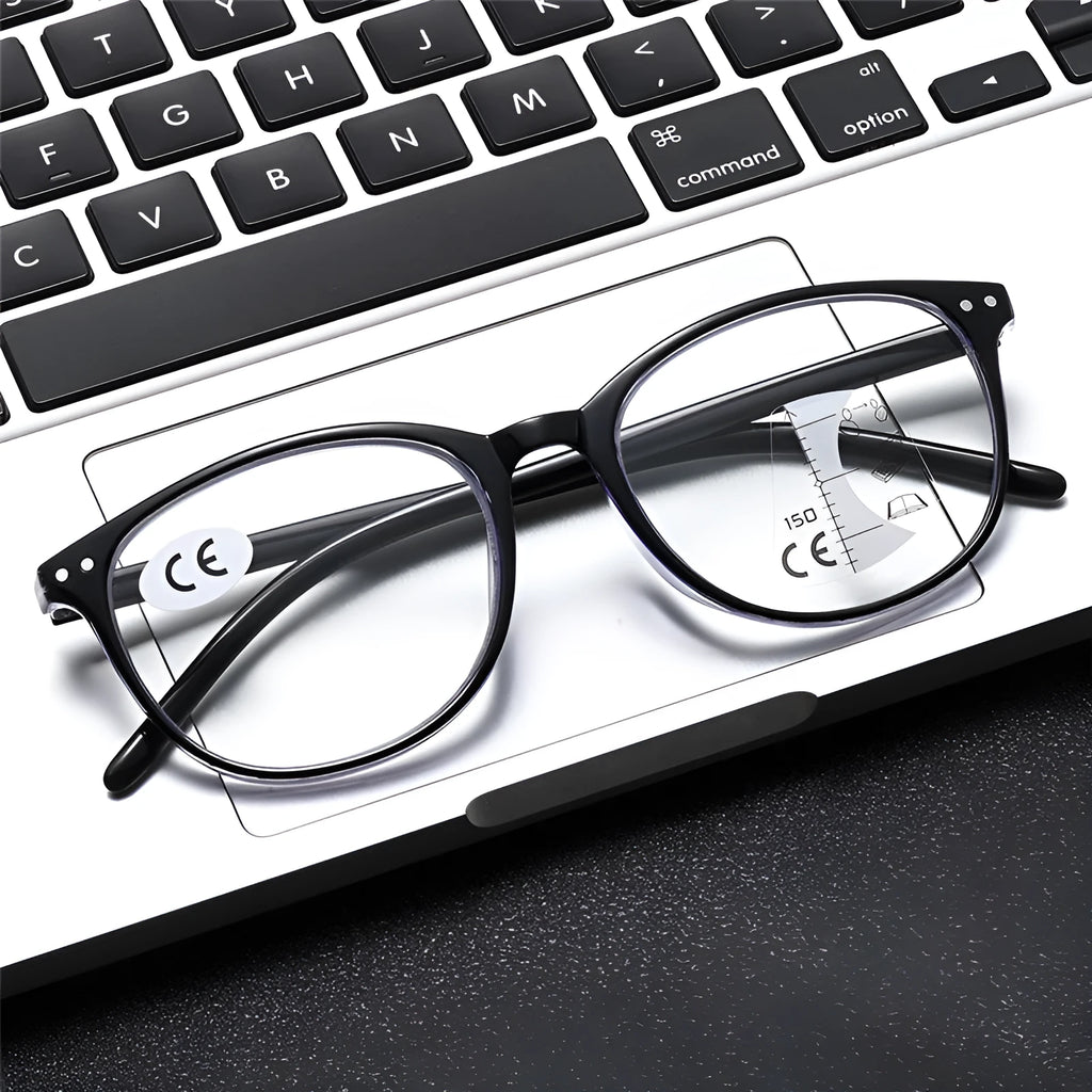Ultra-light multi-focus presbyopic glasses with adjustable nose pads in black and champagne frame colours