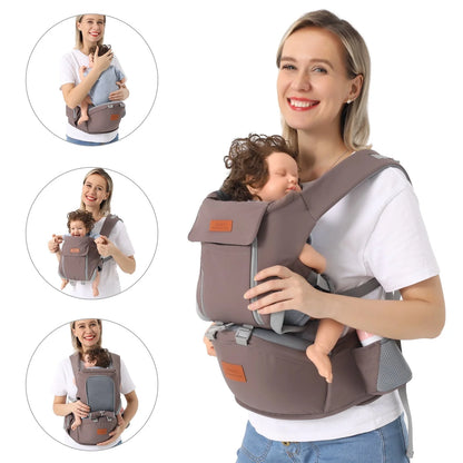 Multi-functional baby waist stool carrier in light blue, grey, and dark blue options